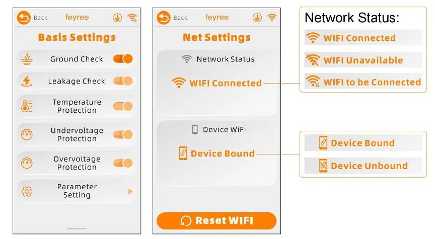 Basis Settings and Network Settings menus