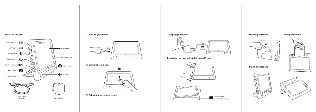 Overview of the tablet components, initial setup steps, charging instructions, microSD card installation, and how to use the protective case stand and handle.