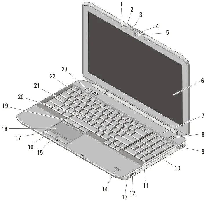 Identify the laptop's internal and external components.