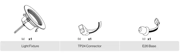 Included components: Light fixture, TP24 connector, and E26 base.