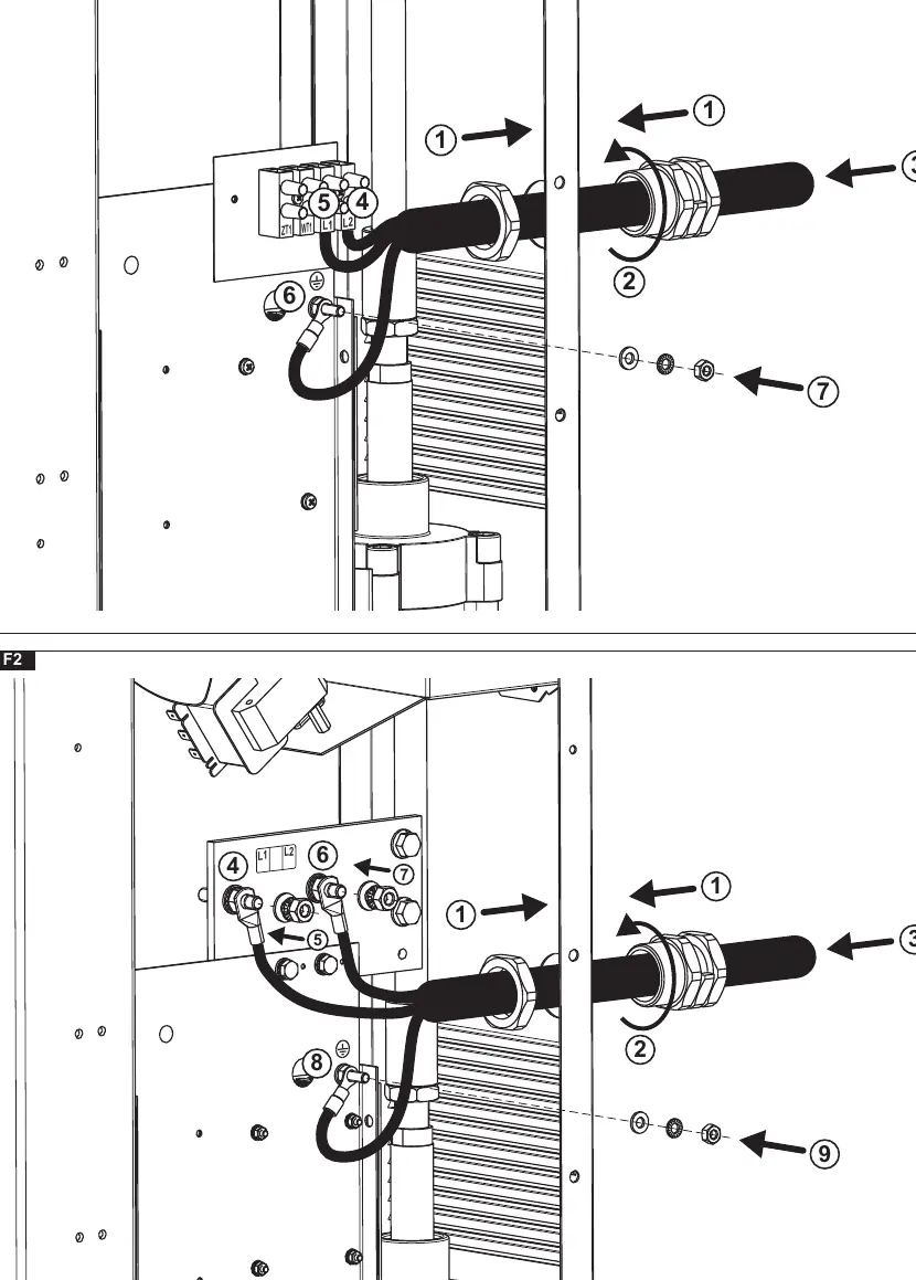 Power cable connection terminals (FIG. F1 and F2).