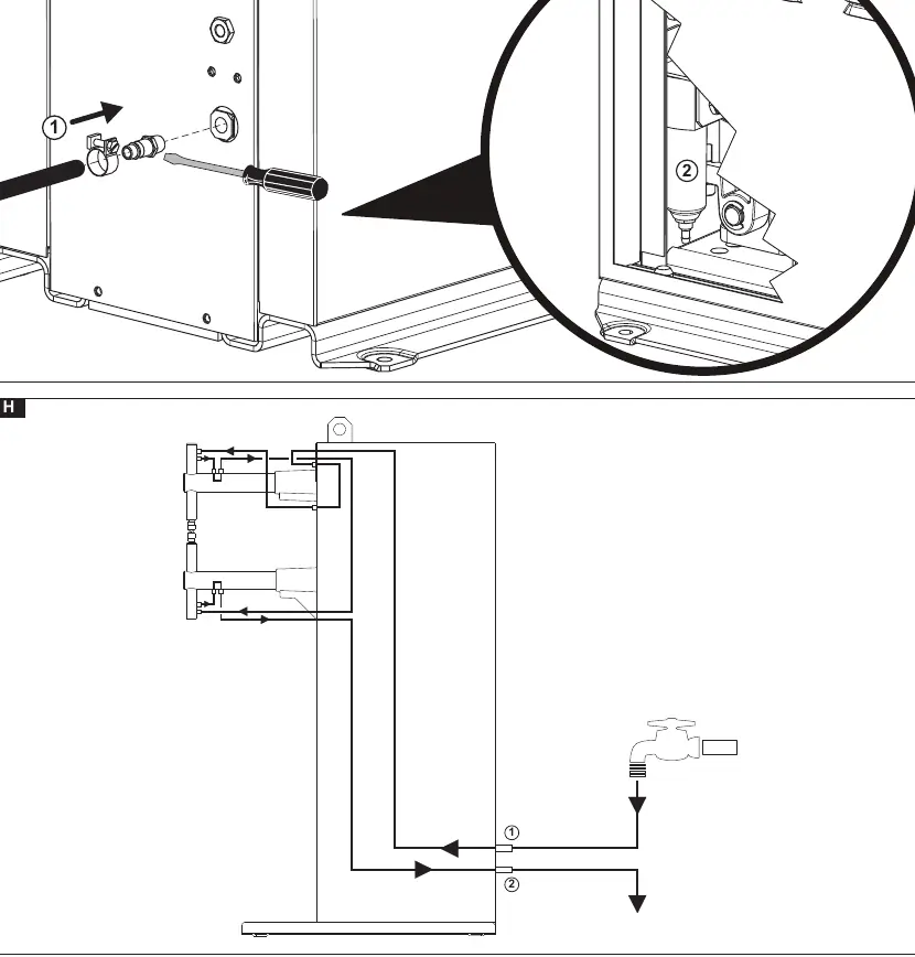 Pneumatic and cooling circuit connections (FIG. G and H).