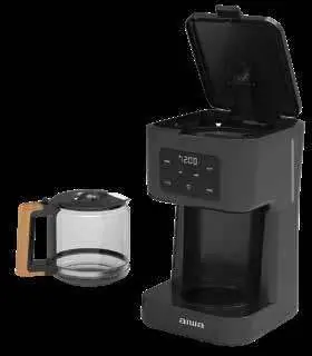 Coffee maker with lid open and carafe