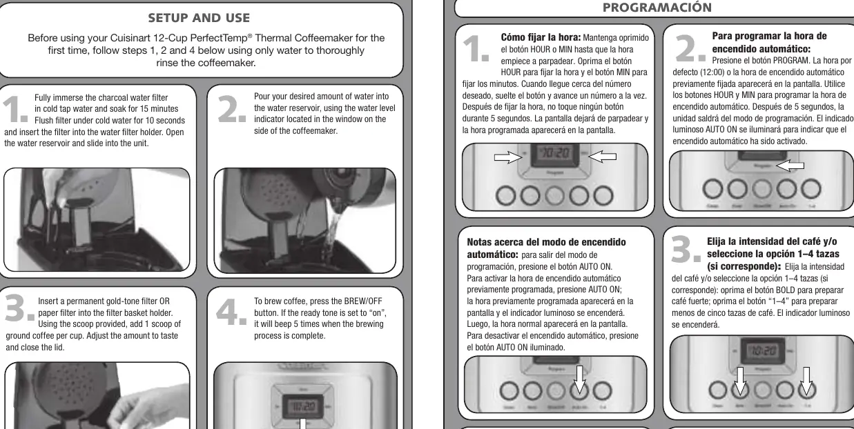 Step-by-step guide for initial setup, programming the clock, setting the auto-on timer, and adjusting coffee strength settings.