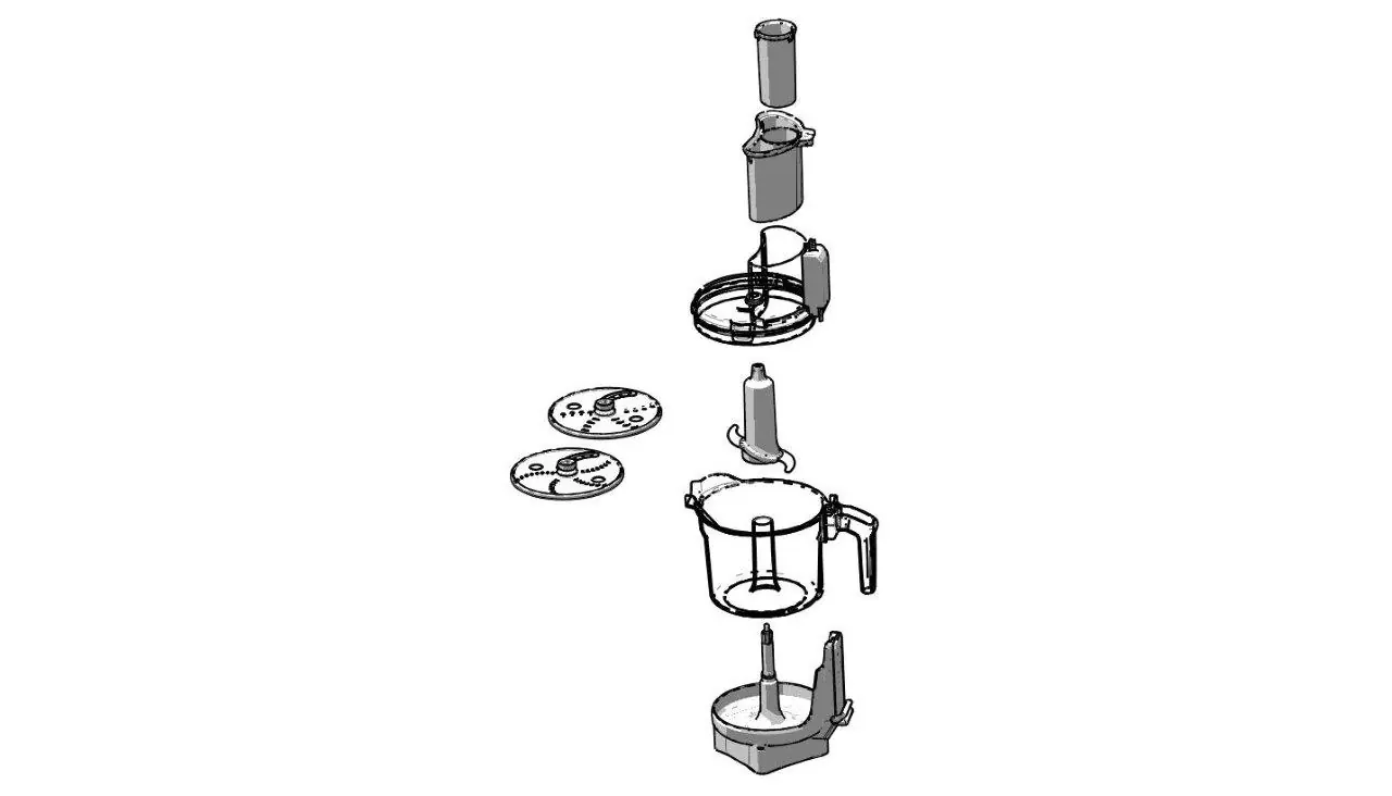 Exploded view of the food processor components
