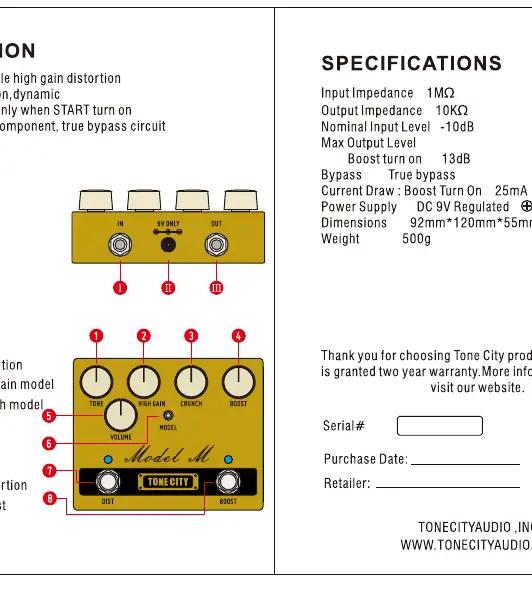 Tone City Model M control layout and connection points.