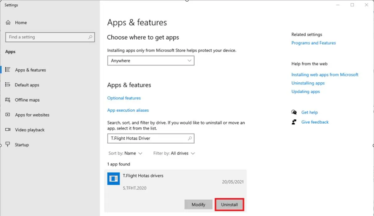 Uninstalling the T.Flight Hotas drivers via Apps & features