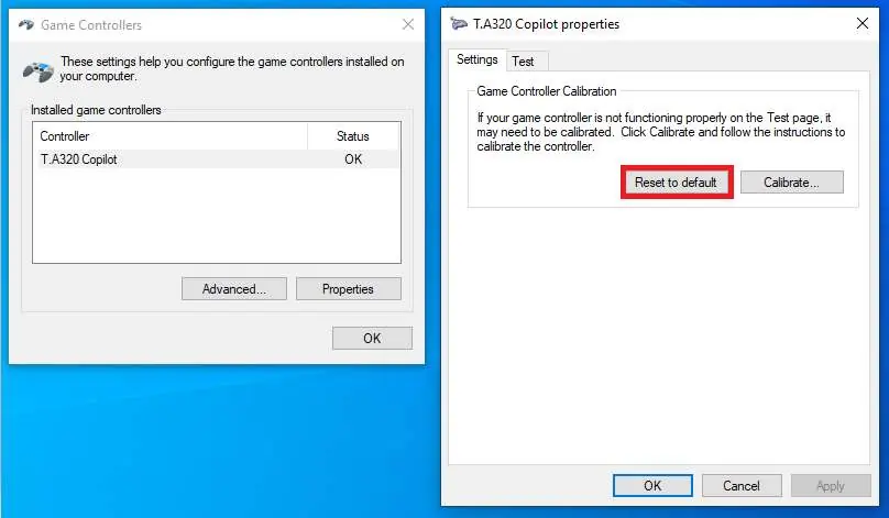 Resetting the game controller calibration in the properties window