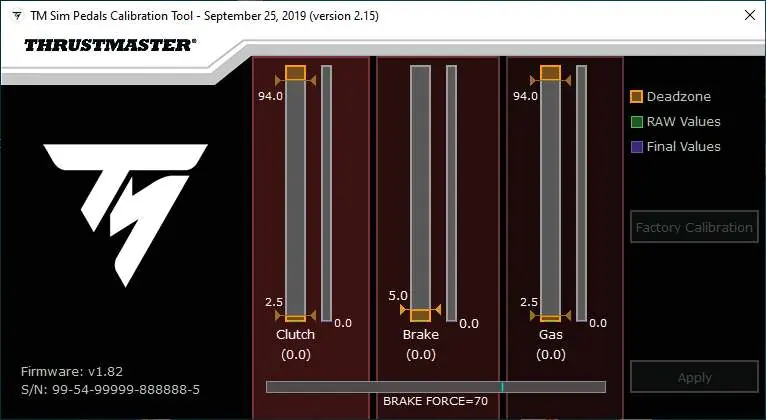 Calibration tool interface showing sliders for Clutch, Brake, and Gas pedals.
