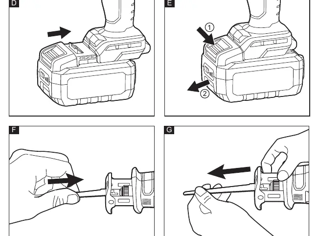 Battery and blade installation (Figures D, E, F, G)