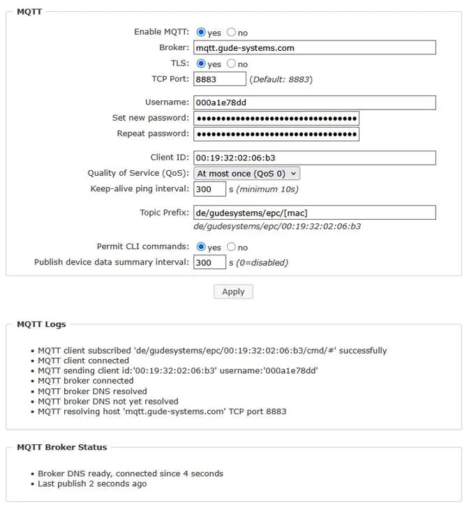 MQTT configuration settings