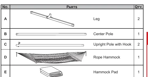 Parts list for the hammock stand and accessories.