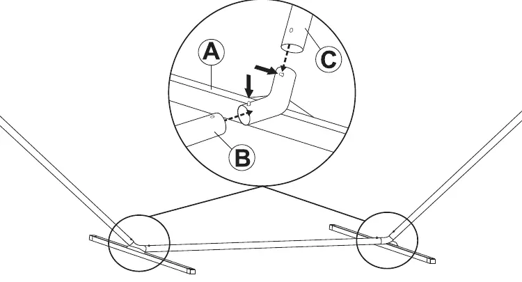 Assembly diagram showing the connection of legs, center pole, and upright poles.