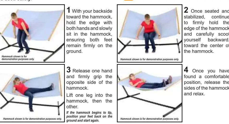Step-by-step guide on how to safely enter and sit in the hammock.