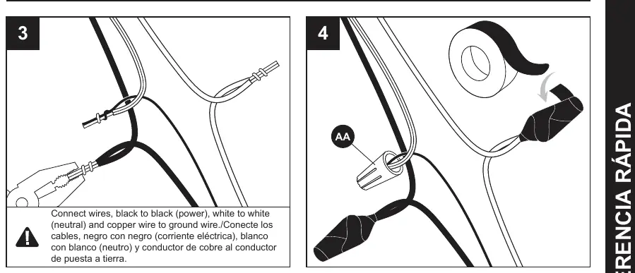 Wiring connections: Connect black to black, white to white, and copper to ground.