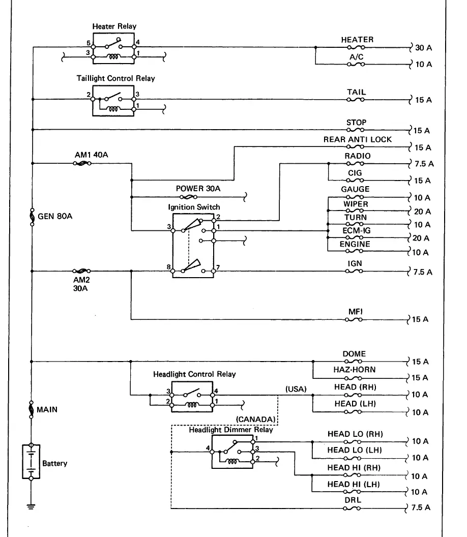 Electrical wiring diagram showing power distribution paths.