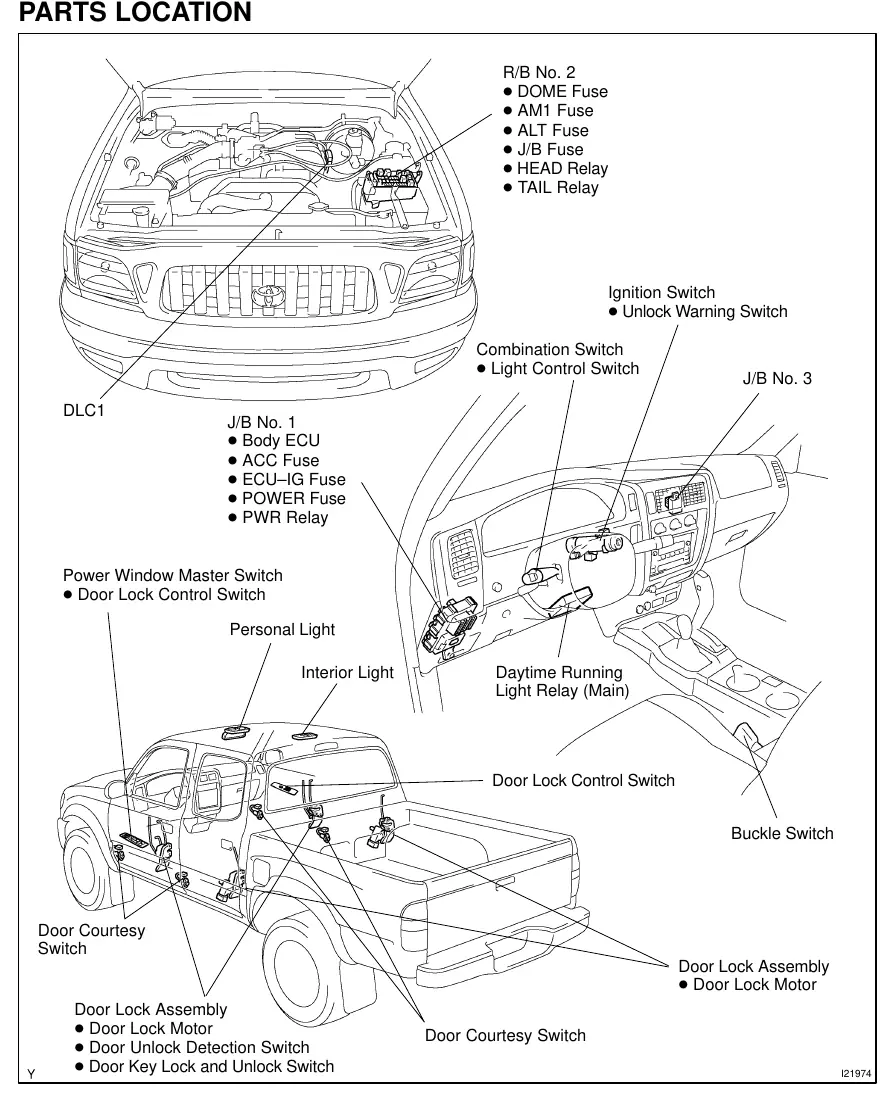 Diagram showing the physical locations of body control system components in the 2003 Toyota Tacoma.