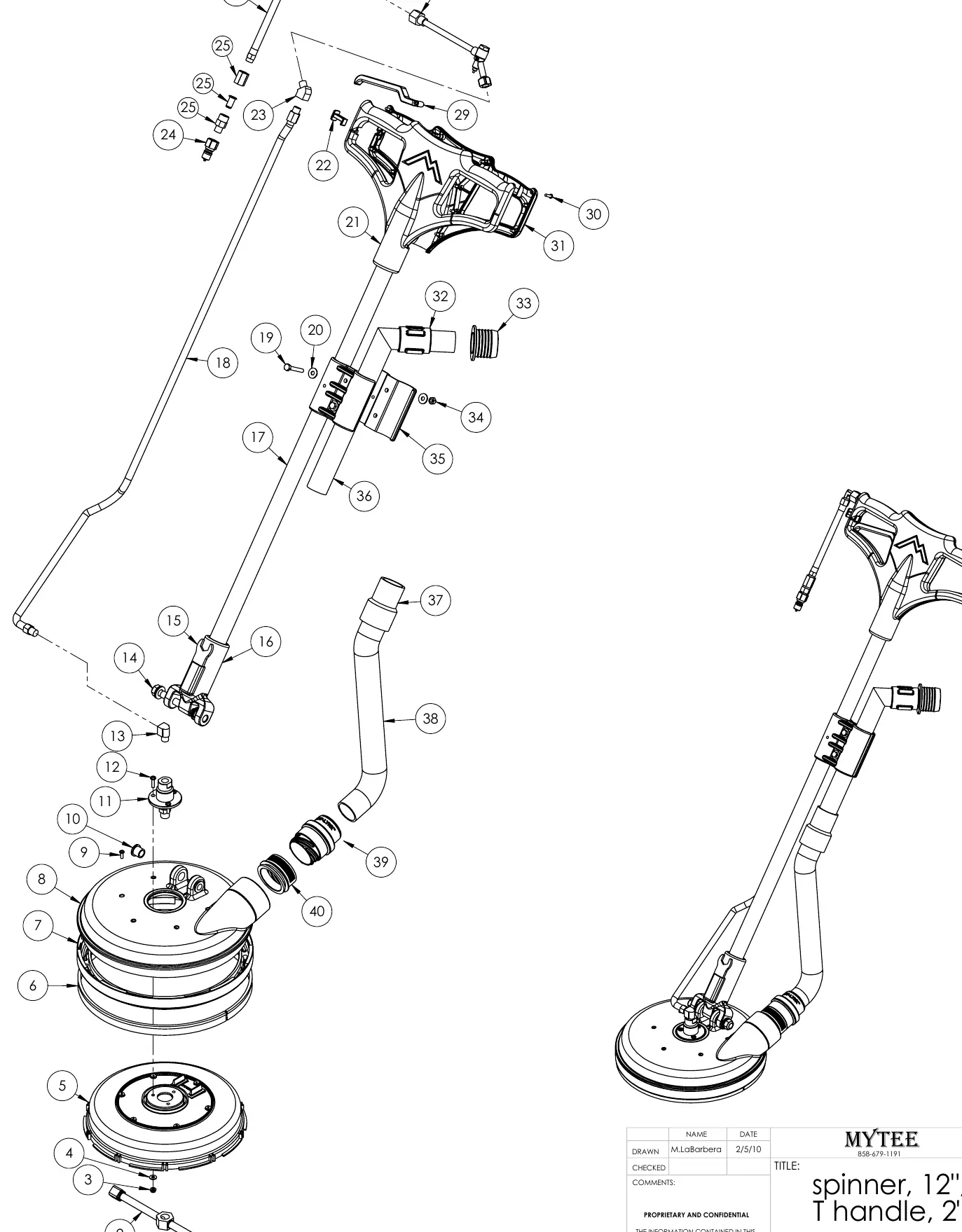 Exploded view diagram of the Mytee 12-inch Spinner T-Handle (Model 8904).
