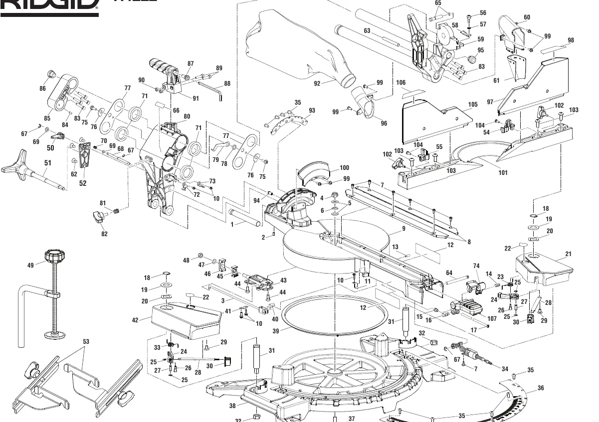 Figure B: Exploded view of the base, table, and fence assembly.