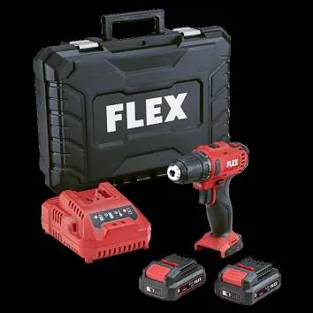 FLEX DD 2G 12-LDBC/2.5 kit contents including drill, charger, batteries, and case.