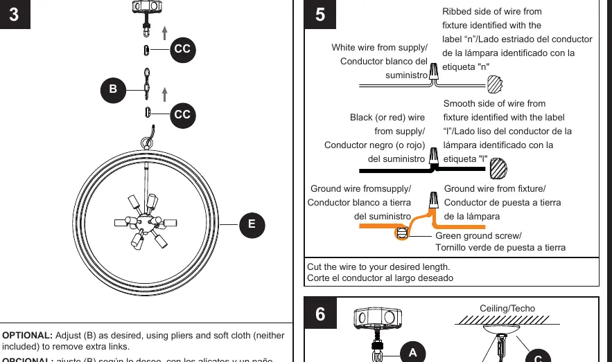 Wiring diagram showing connections for supply wires and fixture wires.