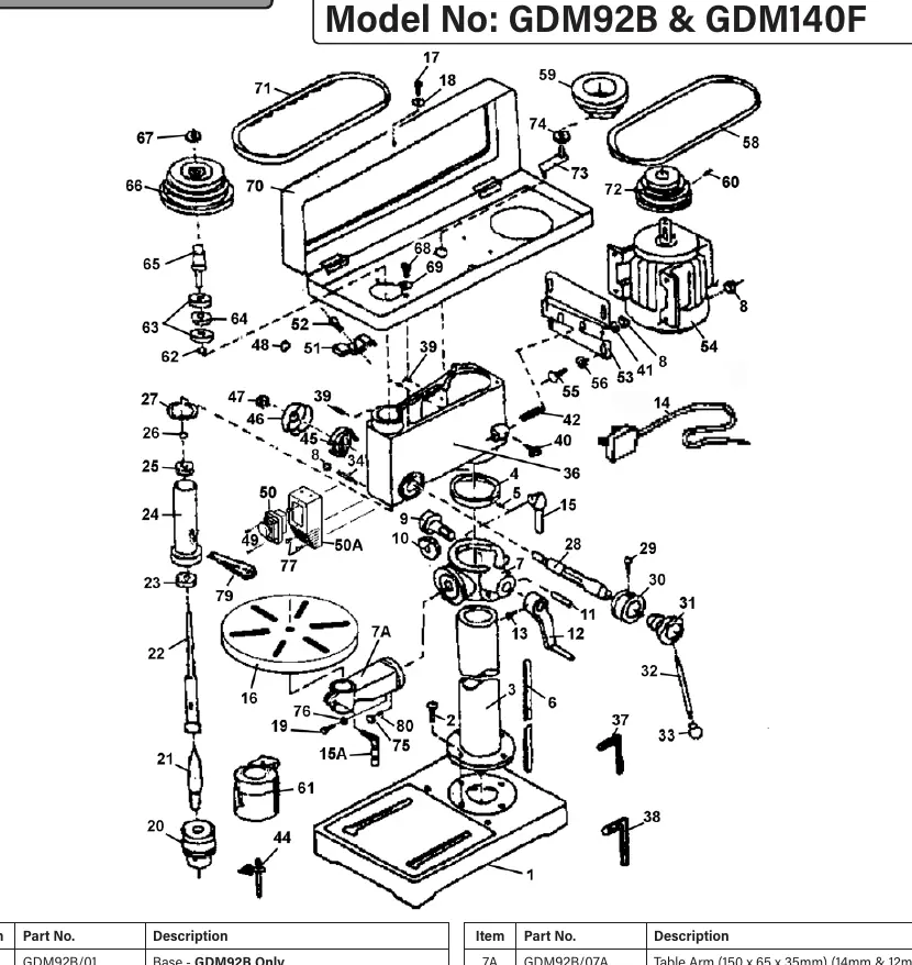 Exploded view diagram of the GDM92B and GDM140F pillar drill assembly.