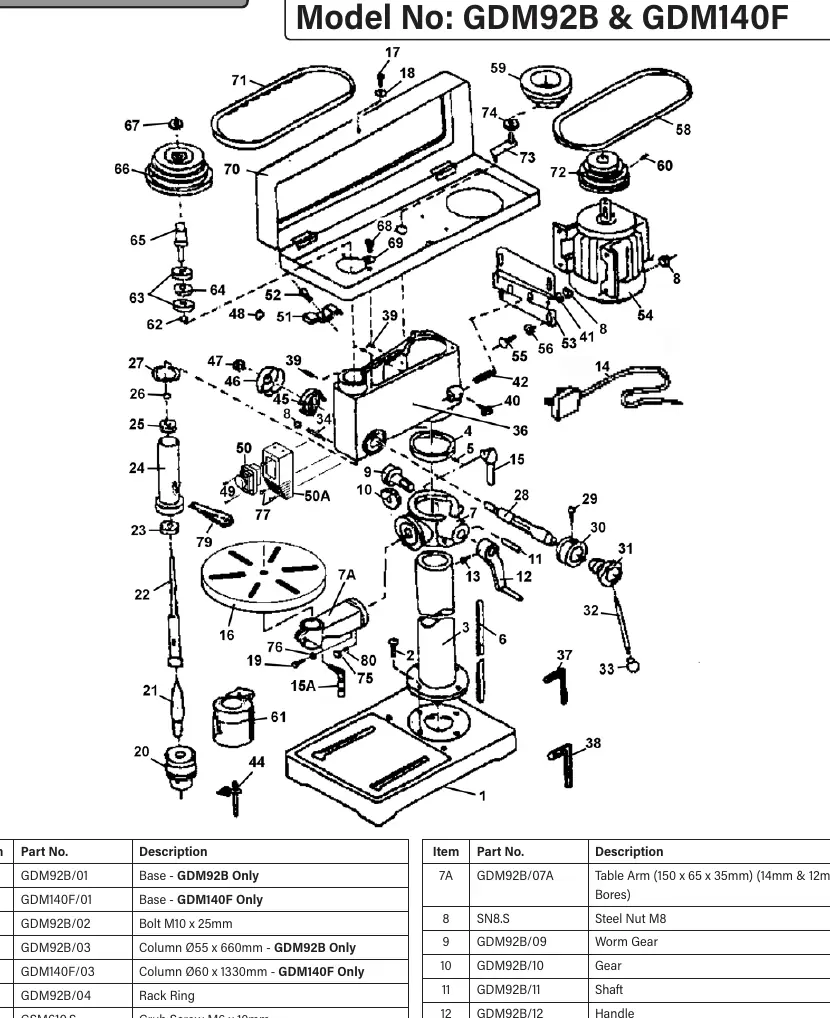 Exploded view diagram of the Sealey GDM92B and GDM140F pillar drill.