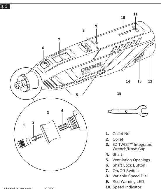 Dremel 8250 Cordless Rotary Tool components