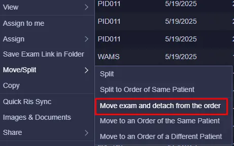 Move exam and detach from order menu