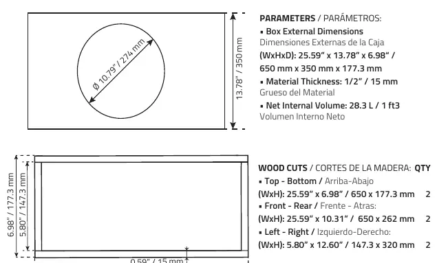 Recommended enclosure dimensions and wood cuts
