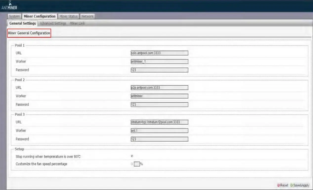 Miner General Configuration screen