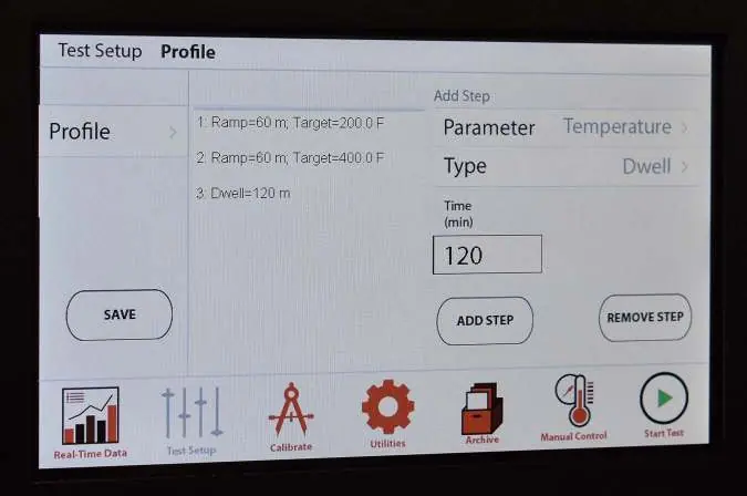 Configure the test profile by adding steps and setting dwell times.