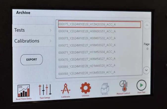 Access the Archive menu to view or export past test data.