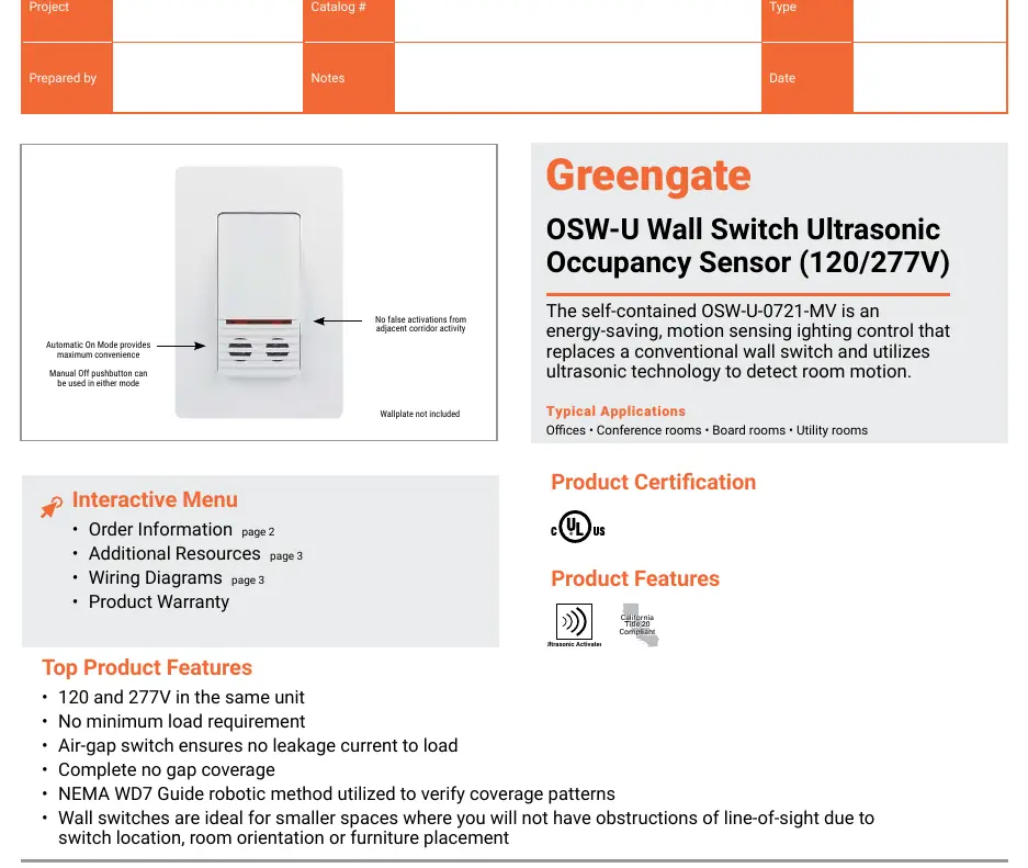 Front view of the OSW-U wall switch occupancy sensor showing the manual push-button and ultrasonic motion detection vents.