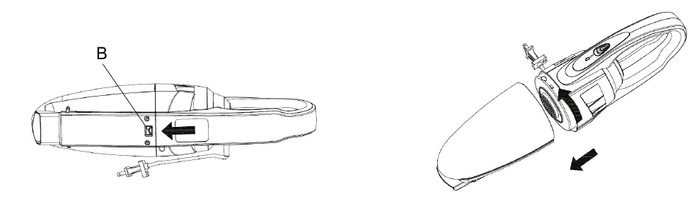 Detach the dust container by pressing the release button.