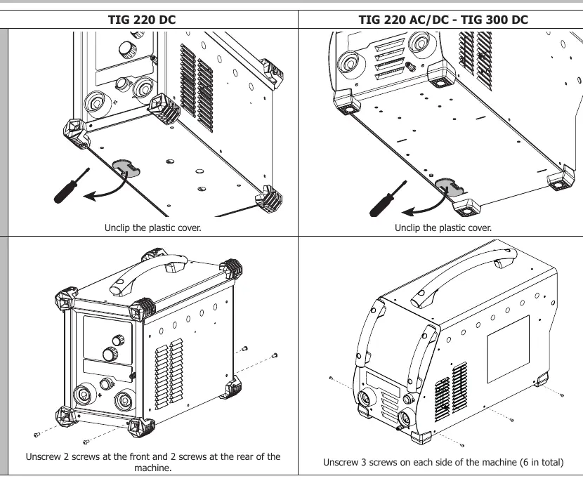 Installation and connection steps for TIG 220 DC and TIG 300 DC models.