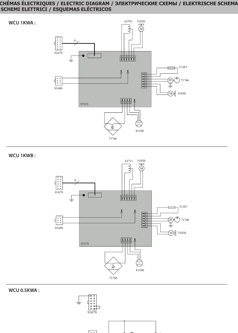 Electric diagrams for WCU 1KWA, WCU 1KWB, and WCU 0.5KWA.