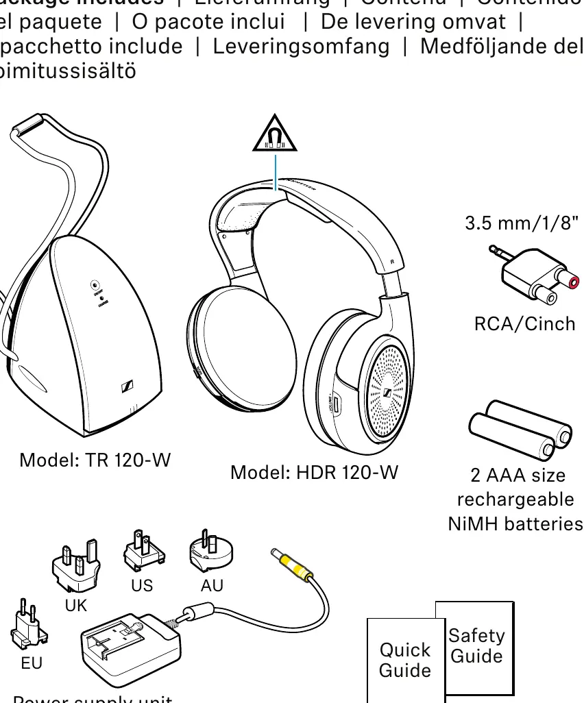 Package contents including headphones, transmitter, power supply, and batteries.
