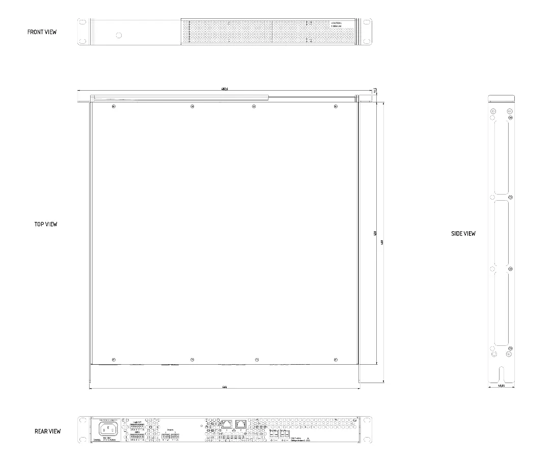 Physical dimensions and panel layouts of the Voltera D 1200.2M
