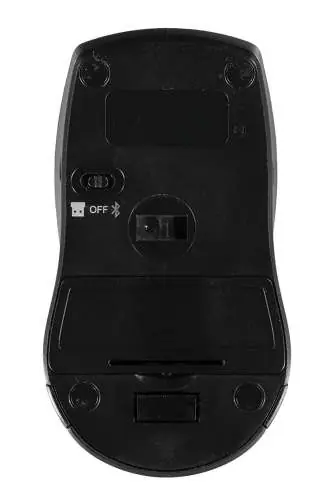 Bottom view of the Duo wireless mouse showing the mode switch and battery compartment