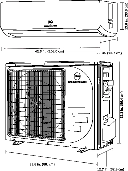 Dimensions of the indoor and outdoor units