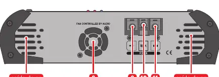 Power input panel showing cooling fan and power/remote terminals.