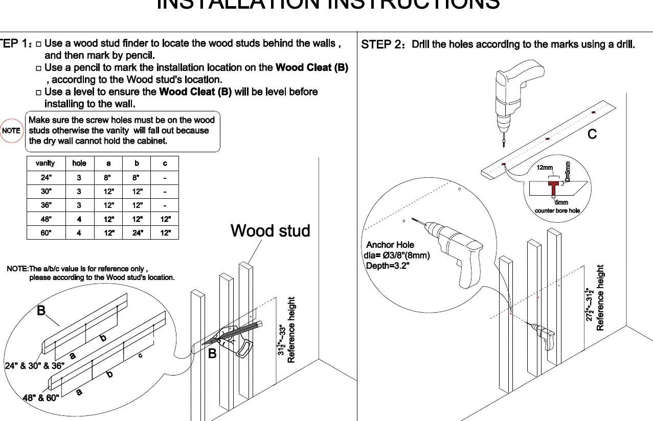 Step 1 and 2: Locating studs and drilling