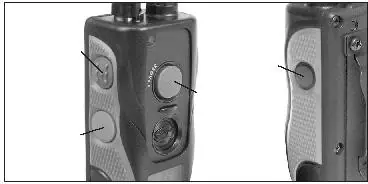 Identify the stimulation and pager buttons on the transmitter.