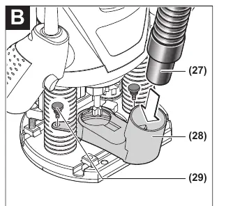Mounting the dust extraction adapter (Figure B).