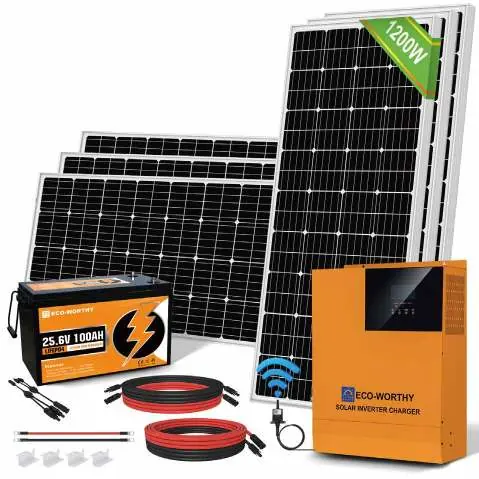 Package contents including solar panels, inverter, battery, and mounting hardware