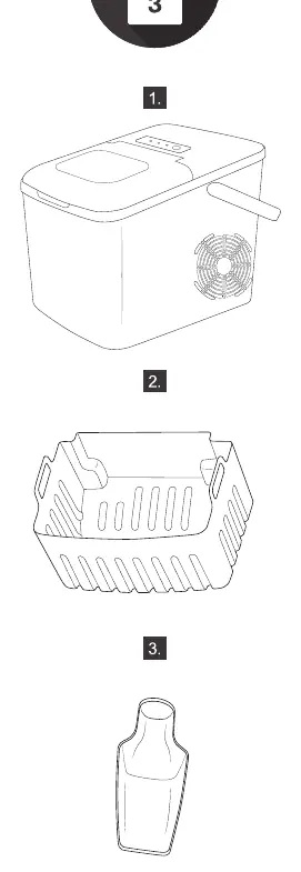 Components of the ice maker: 1. Main unit, 2. Ice basket, 3. Ice scoop.