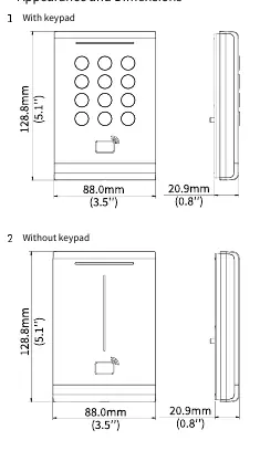 Appearance and dimensions of the card reader with and without keypad.