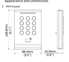 Dimensions of card reader with and without keypad