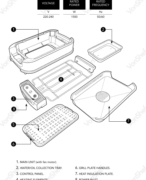 Exploded view of the Smokeless Grill components